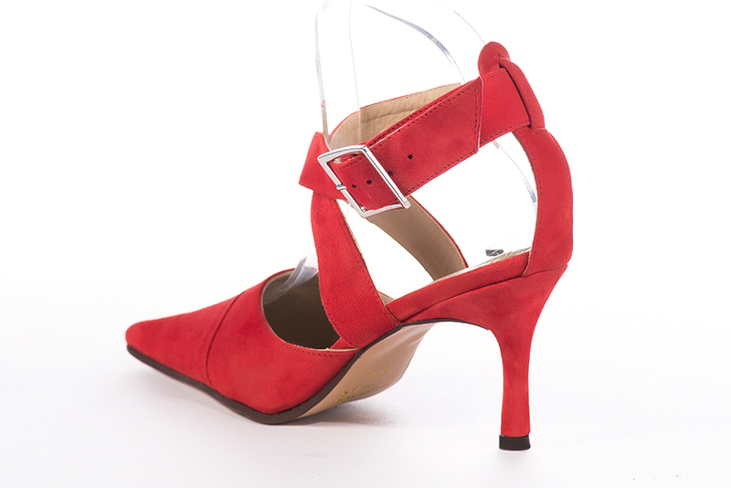 Scarlet red women's open back shoes, with crossed straps. Pointed toe. High slim heel. Rear view - Florence KOOIJMAN